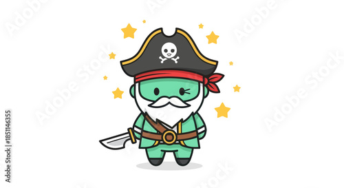 Cartoon pirate character with sword and hat isolated on white