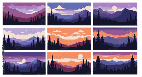 Collection of nine flat design landscape illustrations featuring mountains, pine forests, and colorful skies at different times of day.