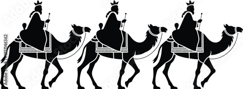 Silhouettes of Three Wise Men on camels with staffs, ideal for Nativity, Christmas, and religious-themed design projects.