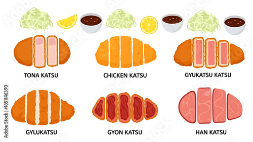 Variety of Traditional Japanese Katsu Dishes with Different Meat Types and Sauces