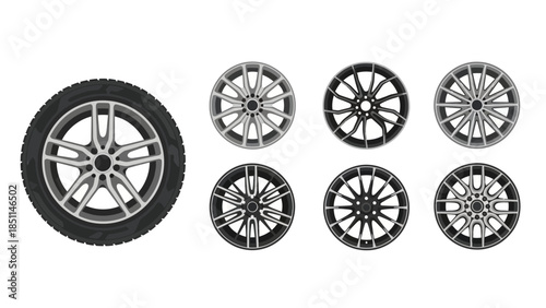 Automotive Wheel and Rim Set Illustration: A Collection of Diverse Vehicle Designs