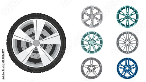 Automotive Wheel and Tire Illustration with Diverse Alloy Rim Designs Collection