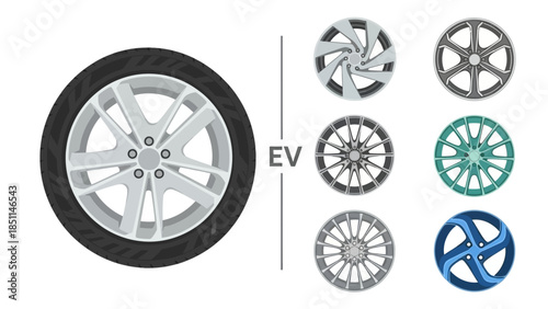 Collection of Modern Vehicle Wheel Rims and Tire, Featuring EV Specific Designs