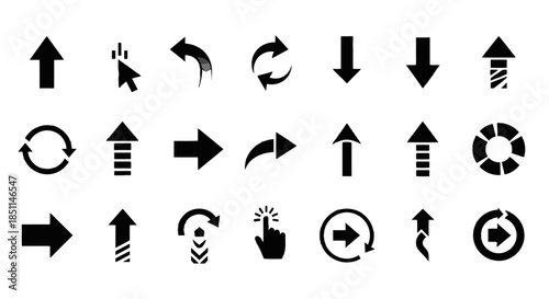 Vector graphic set of multiple black arrow icons, a versatile collection of symbols for navigation, pointing, and user interface elements