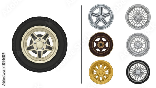 Illustrative Automotive Wheel Designs with Various Spokes, Finishes, and Tire Options
