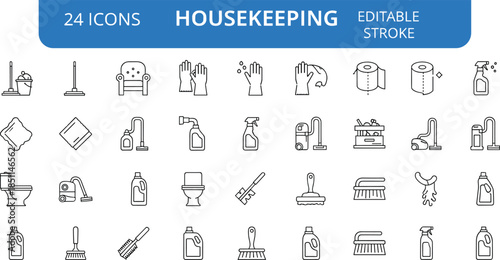 Housekeeping line icons set, editable stroke cleaning tools symbols, home sanitation hygiene supplies vector illustration collection, domestic service design