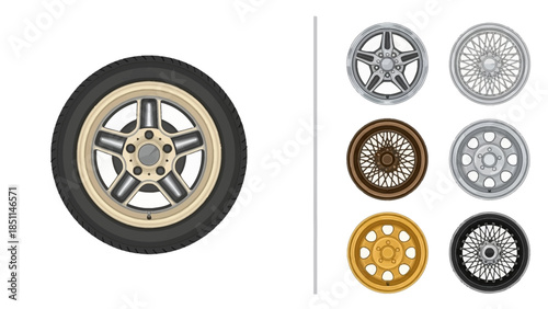 Collection of diverse automotive wheels and rims with tire illustration on white background