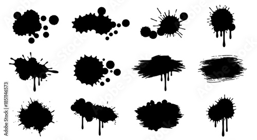 Collection of black ink splatters, splashes, and brush strokes on a white background, perfect for graphic design elements and abstract art