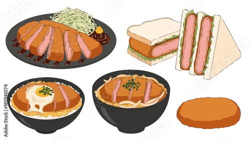 Assorted Japanese style fried grilled and steamed food dishes with sandwiches rice bowl and served hot meal options