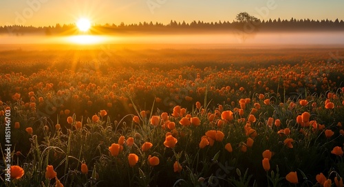 A vibrant sunrise casts golden light over a field of orange flowers, with fog gently blanketing the distant forest and trees