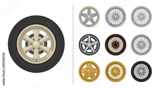 Automotive Wheel and Tire Illustration with Diverse Rim Designs on White Background