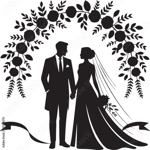 Romantic Couple Silhouette with Hearts on White Background