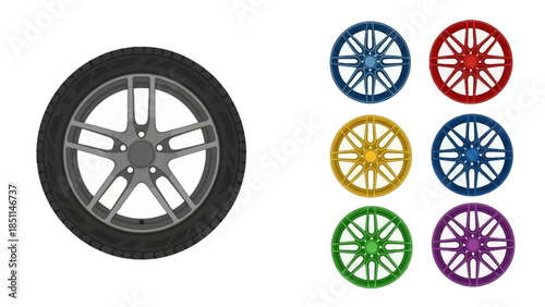 Various stylized car wheels and rims presented as isolated vector illustrations on a white background