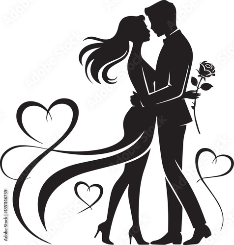 Romantic Couple Silhouette with Hearts on White Background