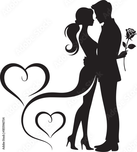 Romantic Couple Silhouette with Hearts on White Background