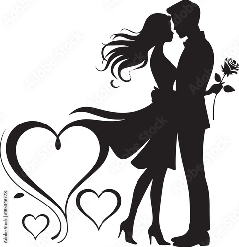 Romantic Couple Silhouette with Hearts on White Background