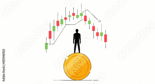 Silhouette of a person standing on a golden coin beneath a falling stock market graph symbolizing financial risk and uncertainty.