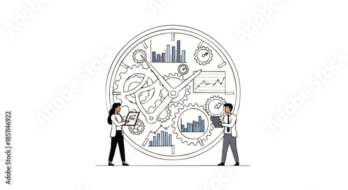 Business professionals analyze financial data and charts within a conceptual clockwork mechanism representing time management and efficiency.