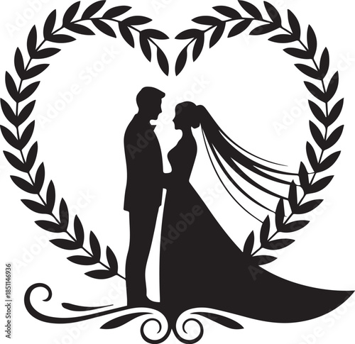 Romantic Couple Silhouette with Hearts on White Background
