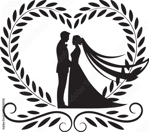 Romantic Couple Silhouette with Hearts on White Background