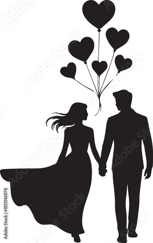 Romantic Couple Silhouette with Hearts on White Background