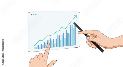 Two hands interact with a digital tablet displaying an upward-trending financial graph, symbolizing business growth, data analysis, and successful market strategies.