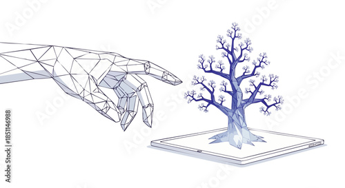 A futuristic geometric hand interacts with a fractal tree growing from a tablet, symbolizing the intricate connection between technology and natural evolution.