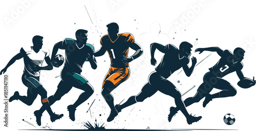 Dynamic Action Sequence of American Football Players in Motion Featuring Silhouetted Athletes Running and Carrying a Ball for Sports Competition and Team Spirit.