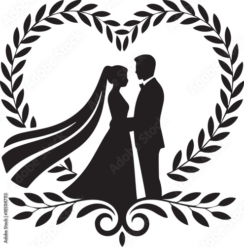 Romantic Couple Silhouette with Hearts on White Background