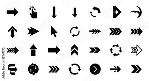 A comprehensive collection of black arrow icons and symbols, including directional arrows, refresh, reload, cursor, and click pointers, arranged on a white background.