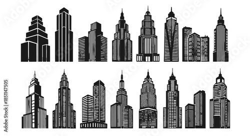 A collection of black and white illustrations showcasing various tall buildings and skyscrapers with distinct architectural designs.