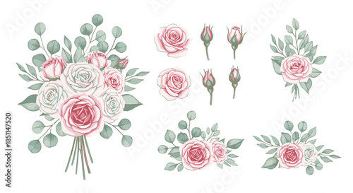 A beautiful watercolor illustration set featuring pink and white roses with eucalyptus leaves, including a bouquet, individual flowers, and arrangements.