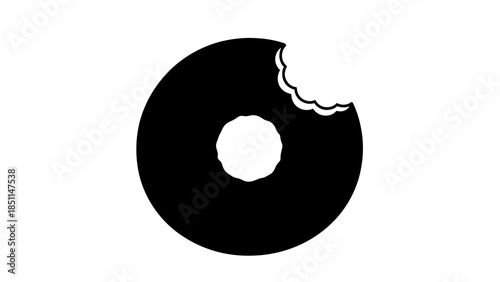 Black donut with a bite taken out of it.