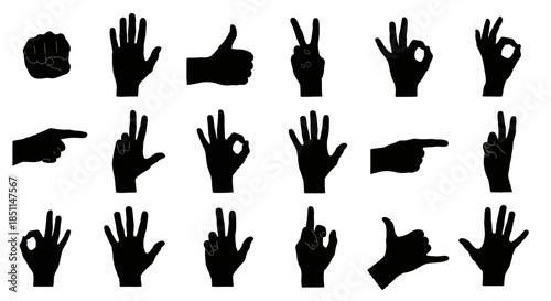 Collection of black silhouette human hand gestures and signs on a white background.