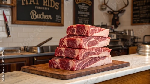 Stack of fresh beef short ribs prepared on a wooden cutting board