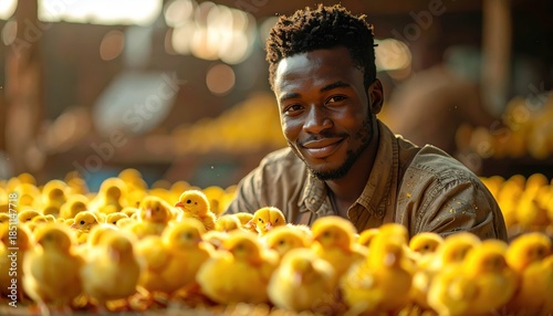 Smiling Man with Chickens in an Agricultural Setting