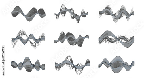 A collection of nine abstract wavy grey patterns, resembling sound waves or fluid data visualizations, against a clean white background.