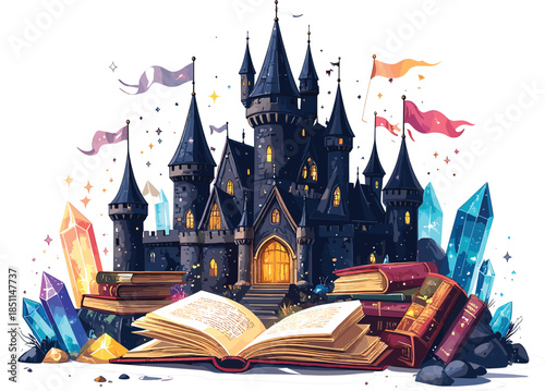 Enchanted Fantasy Castle Vector Illustration Featuring Magic Storybooks Glowing Crystals and Colorful Pennant Flags for Fairytale and Literacy Concepts.