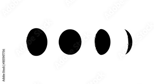 A minimalist black and white illustration depicting four distinct phases of a celestial body, progressing from full to a crescent shape.