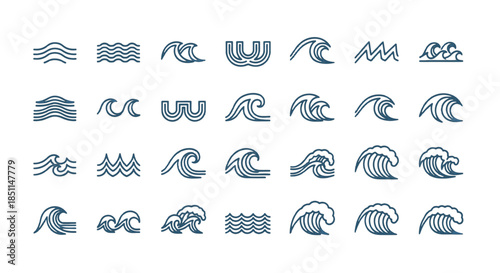 A collection of various blue-green line art wave icons and symbols, depicting different forms of water movement.