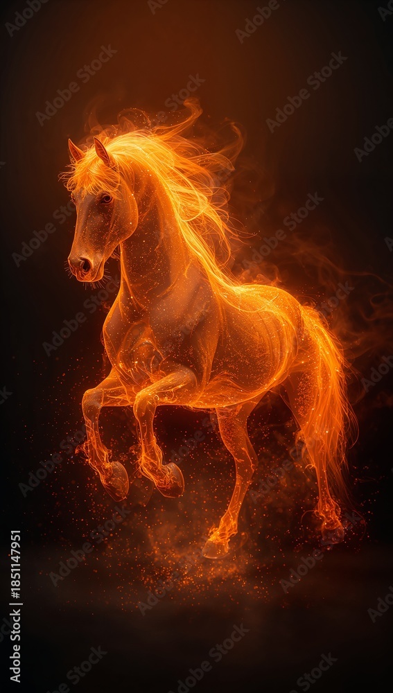 Fototapeta premium Majestic Fire Horse Running Through Embers, Chinese Zodiac 2026 Lunar New Year Concept. Powerful Stallion Made of Burning Flames and Sparks Isolated on Dark Background. Fantasy Digital Art.