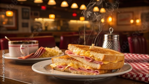 Toasted Ham and Cheese Sandwich on a Plate with Cozy Ambience