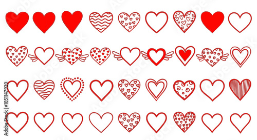A collection of diverse heart illustrations, each with a unique design, representing love and affection in various artistic styles for design projects