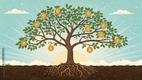 Tree with coins representing wealth growing in the sunshine