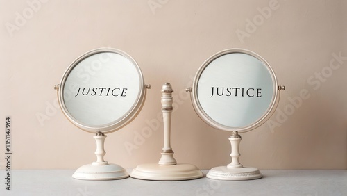 Twin Mirrors Displaying the Word Justice in Neutral Tones
