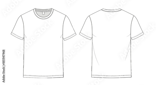 Blank white t-shirt template, front and back view, isolated on a white background, ready for design mockups.