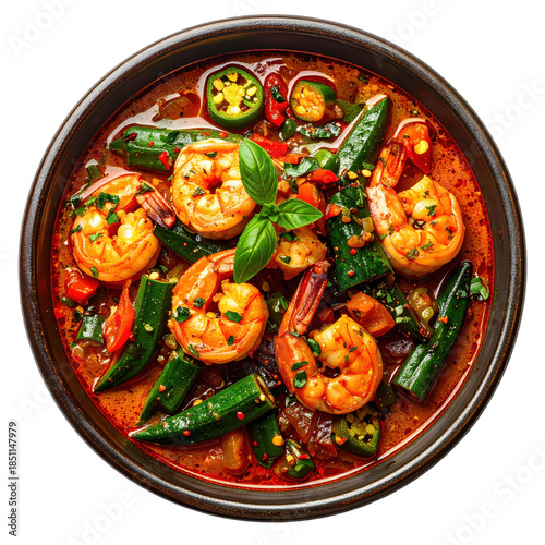 Caruru a traditional brazilian okra and shrimp stew served in a clay pot isolated on white background