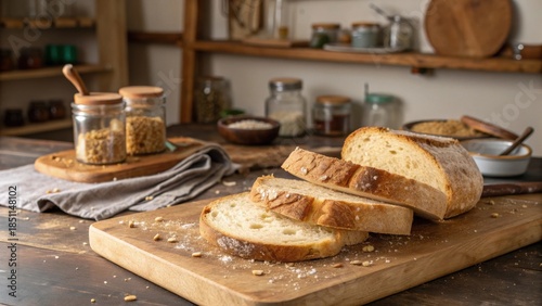 Toasted Rustic Bread Slices on a Wooden Serving Board