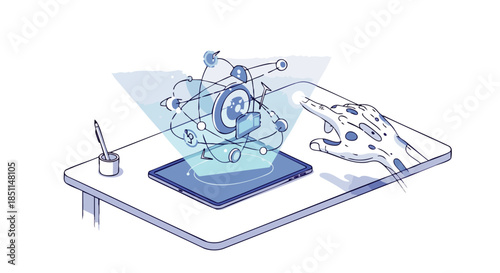 A creative professional engages with a sophisticated holographic display, showcasing advanced technological interaction and future design possibilities.