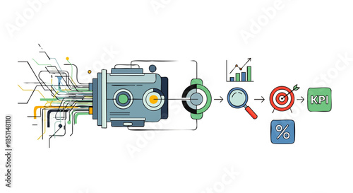 This graphic illustrates a complex data engine, converting raw information into insights, strategic goals, and measurable KPIs.